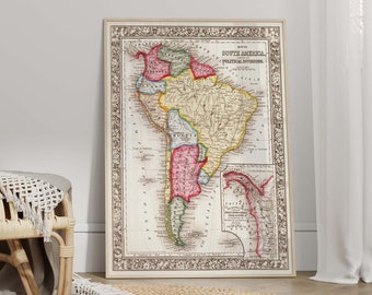 Vintage South America Map Poster - Antique History Art (Framed Wall Art)