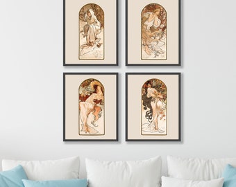 Juego de 4 pósteres Art Nouveau de Alphonse Mucha - Arte mural vintage francés para galerías