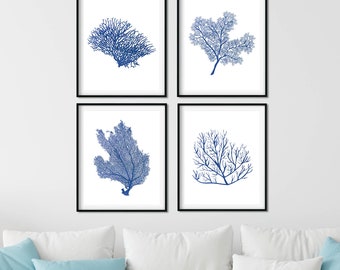 Set met indigoblauwe koraalprints: kust nautische kunst (set van 4)