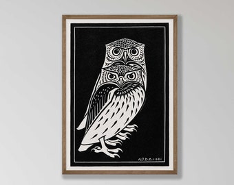 Black and White Owl Art Print, Vintage Owl Wall Art, Woodcut, Antique ...
