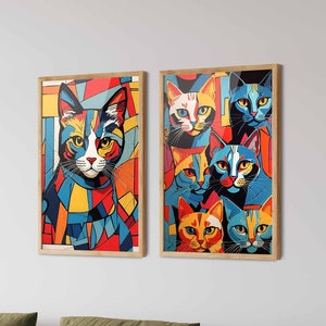 Cat Posters Set of 2 - Cat Wall Art, Vintage Cat Decor, Cat Lovers Gift, Cat Print Set, Animal Art Print, Animal Wall Decor