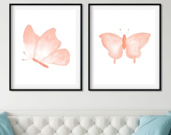 Blush Pink Butterfly Watercolor Art Prints - Set of 2