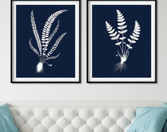 Impresiones de helechos azul marino: arte botánico en acuarela (juego de 2)