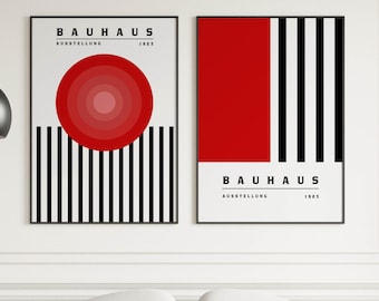Red Bauhaus Wall Art Print Set of 2 - Mid-Century Modern Decor