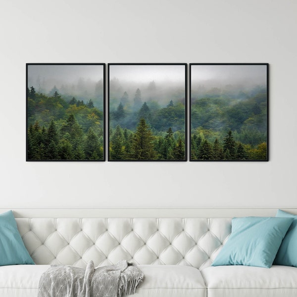 Forest Prints Set of 3 - Foggy Forest Poster, Nordic Wall Art, Nordic Photography, Misty Forest Print, Large Foggy Landscape Decor