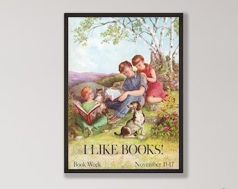 Vintage Book Week Art - I Like Books Poster, Nursery Room Decor