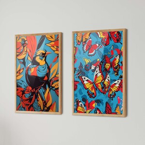 Bird and Butterfly Art Print Set: Colorful Illustration, Home Office Decor