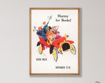 Vintage Book Week Poster - Retro Car Print, Nursery Wall Art