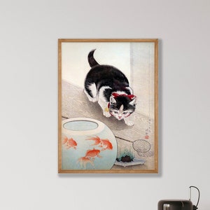 Ohara Koson Japanese Art Print - Cat and Goldfish Bowl Poster