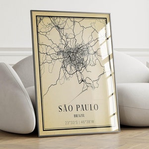 Vintage Sao Paulo Stadt Karte Poster - Sao Paulo Wand Kunst, Sao Paulo Poster, Reise Poster, Karte Wand Dekor - RAHMEN und LEINWAND OPTIONEN