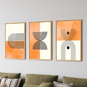 Orange Geometric Art Prints Set of 3 - Mid Century Modern Art, Abstract Wall Art, Boho Rainbow Poster,Geometric Wall Decor,Living Room Decor