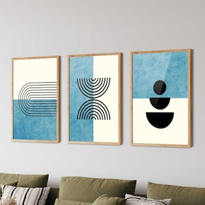 Blue Geometric Art Prints Set of 3 - Mid Century Modern Art, Abstract Wall Art, Boho Rainbow Poster,Geometric Wall Decor,Living Room Decor