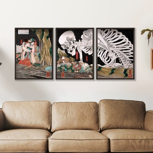 Japanese Skeleton Woodblock Print Set of 3: Utagawa Kuniyoshi Art