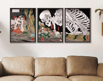 Japanisches Skelett Holzschnitt 3er Set: Utagawa Kuniyoshi Kunst