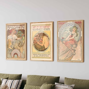Alphonse Maria Mucha Prints Set of 3 - Plakaty Art Nouveau, Zestaw ścienny do galerii, Stara sztuka francuska, Dekoracje Art Nouveau, Sztuka wiktoriańska, Plakat Mucha