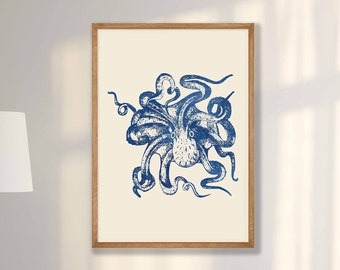Blue Octopus Print: Nautical Sea Life Wall Art