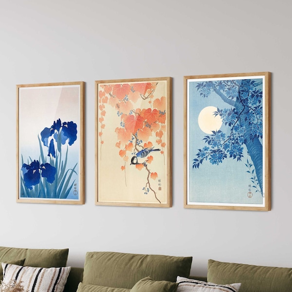 Ohara Koson Art Prints Set de 3 - Cereza floreciente, Conjunto de impresión de pájaros japoneses, Arte en madera, Arte japonés, Arte de pared de galería, Decoración de sala de estar