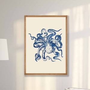 Blue Octopus Print - Nautical Wall Art, Nautical Print, Octopus Poster, Beach House Decor, Octopus Wall Art, Sea Life Living Room Decor