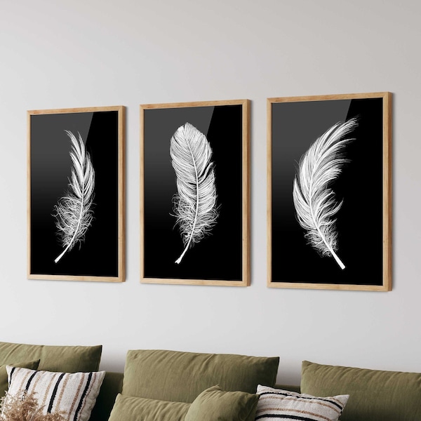 Black Feather Prints Set Of 3 -  Black Feather Wall Art, Feather Poster Set, Kitchen Wall Art, Kitchen Print, Minimalist Wall Art