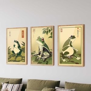 Japanese Frog Prints Set of 3 NO3- Japanese Wall Art, Frog Wall Art, Frog Illustration Art, Japanese Decor, Gallery Wall Art, Woodblock Art