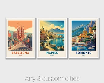 Set van 3 gepersonaliseerde reisposters - Muurdecoratie met een eigen locatie, poster van 3 steden naar keuze