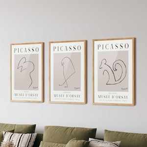 Neutral Picasso Prints Set of 3 No:5- Animal Line Art, Pablo Picasso Exhibition, Picasso One Line Sketch, Living Room Decor, Home Office