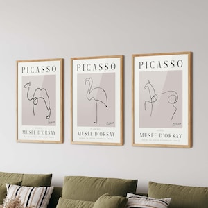 Neutral Picasso Prints Set of 3 No:6- Animal Line Art, Pablo Picasso Exhibition, Picasso One Line Sketch, Living Room Decor, Home Office