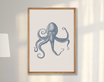 Blue Octopus Art Print: Nautical Sea Life Wall Decor