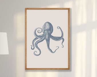 Blue Octopus Art Print - Nautical Sea Life Wall Decor