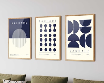 Blue Bauhaus Poster Set of 3 - Mid-Century Modern Art Print, Bauhaus Print, Bauhaus Wall Art, Home Office Decor, Living Room Decor