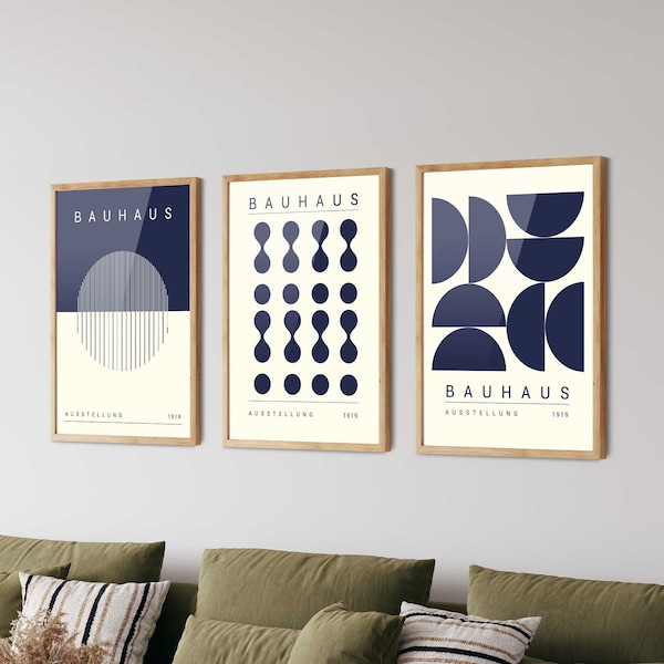 Set di poster blu Bauhaus di 3 - Stampa d'arte moderna di metà secolo, stampa Bauhaus, arte della parete Bauhaus, arredamento per l'home office, arredamento del soggiorno