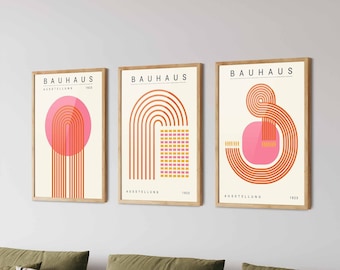 Pink Bauhaus Poster Set of 3 - Bauhaus Wall Art, Mid Century Modern Art Print, Bauhaus Print, Home Office Decor, Living Room Decor