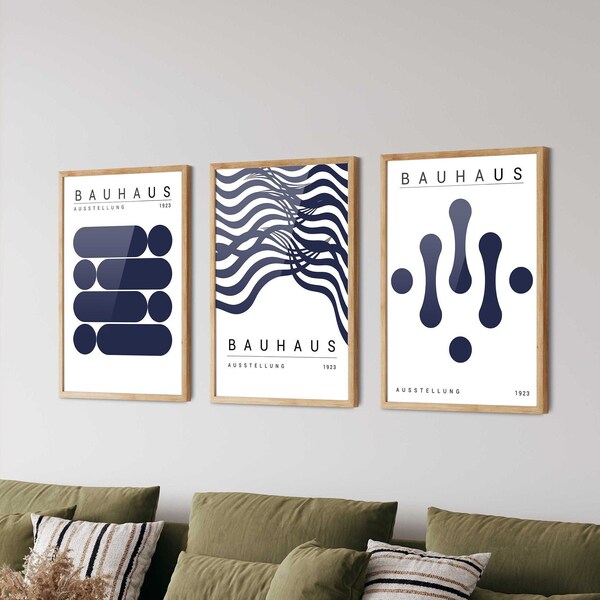 Ensemble de 3 affiches bleu Bauhaus - Impression d'art moderne Mid-Century, impression Bauhaus, art mural Bauhaus, décoration de bureau à domicile, décoration de salon