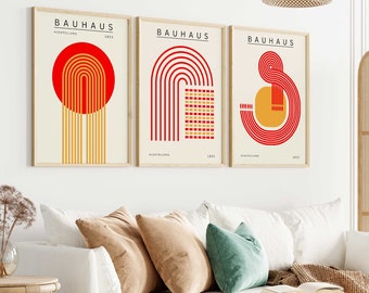 Red Yellow Bauhaus Posters Set of 3 - Mid Century Wall Art, Living Room Decor