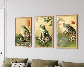 Japanese Frog Print Set of 3 - Whimsical Woodblock Style Wall Art