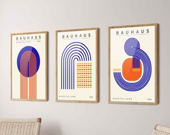 Set di poster blu Bauhaus di 3 - Arte della parete Bauhaus, Stampa d'arte moderna di metà secolo, Stampa Bauhaus, Arredamento per l'Home Office, Arredamento del soggiorno