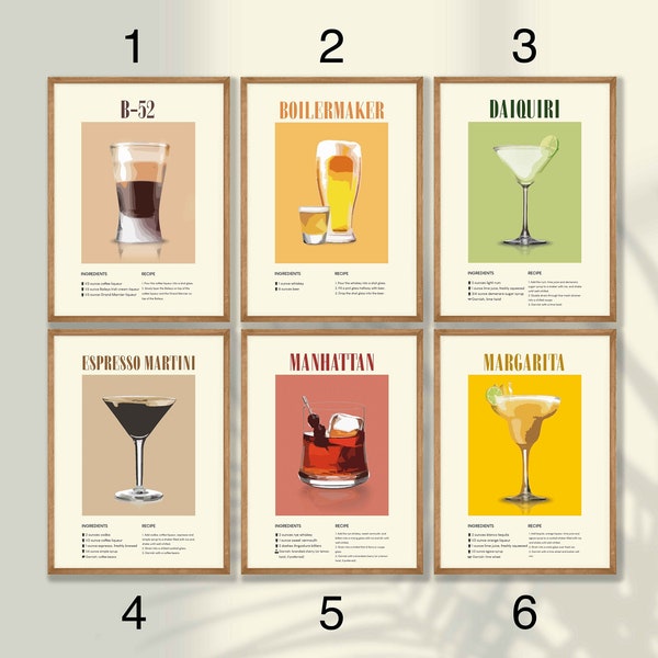 Cocktail Prints Set - Create Your Custom Set | Cocktail Poster, Bar Wall Decor, Whiskey, Old Fashioned, Negroni, Margarita, Mojito, Martini