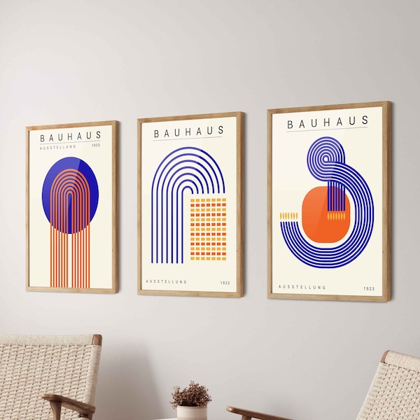 Blue Bauhaus Poster Set of 3 - Bauhaus Wall Art, Mid Century Modern Art Print, Bauhaus Print, Home Office Decor, Living Room Decor