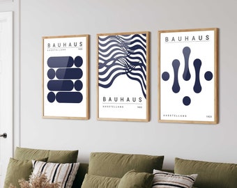Blue Bauhaus Poster Set of 3 - Mid-Century Modern Art Print, Bauhaus Print, Bauhaus Wall Art, Home Office Decor, Living Room Decor