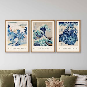Japanese Prints Set of 3 - Woodblock Art, Japanese Wall Art, Gallery Wall Art, Kanagawa Print, Great Wave Print, Hokusai Prints, Ukiyo-e