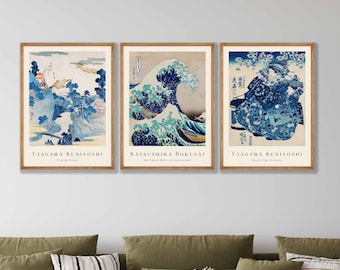 Japanese Prints Set of 3 - Woodblock Art, Japanese Wall Art, Gallery Wall Art, Kanagawa Print, Great Wave Print, Hokusai Prints, Ukiyo-e
