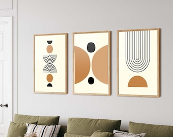 Brown Mid Century Modern Art Prints - Neutral Geometric Set of 3