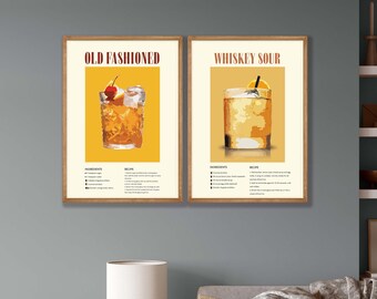 Whiskey Cocktail Art Prints Set of 2 - Vintage Bar Decor