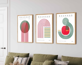 Red and Green Bauhaus Art Print Set of 3 - Mid Century Modern Wall Decor
