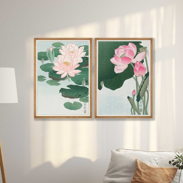 Estampados florales japoneses de Ohara Koson: Conjunto de nenúfares y lotos