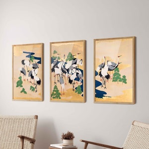 Japanese Crane Woodblock Prints Set of 3 - Gallery Wall Art, Bird Wall Decor