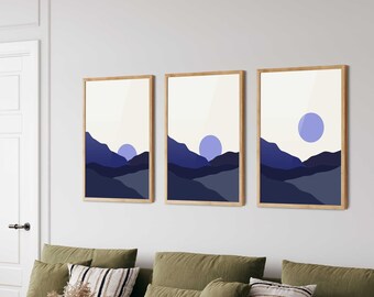 Blue Boho Landscape Prints Set: Mid-Century Modern Wall Art