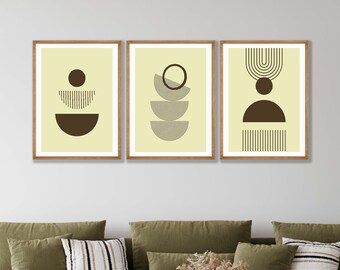 Juego de 3 impresiones geométricas bohemias verdes: arte mural moderno de mediados de siglo