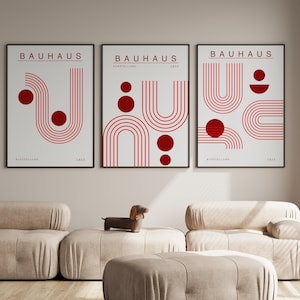 Red Bauhaus Art Print Set: Mid-Century Modern Wall Decor