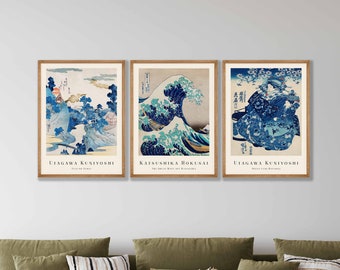 Japanisches Prints 3er Set - Holzschnitt, japanische Wandkunst, Galerie Wandkunst, Kanagawa Print, Wellen-Druck, Hokusai Prints, Ukiyo-e